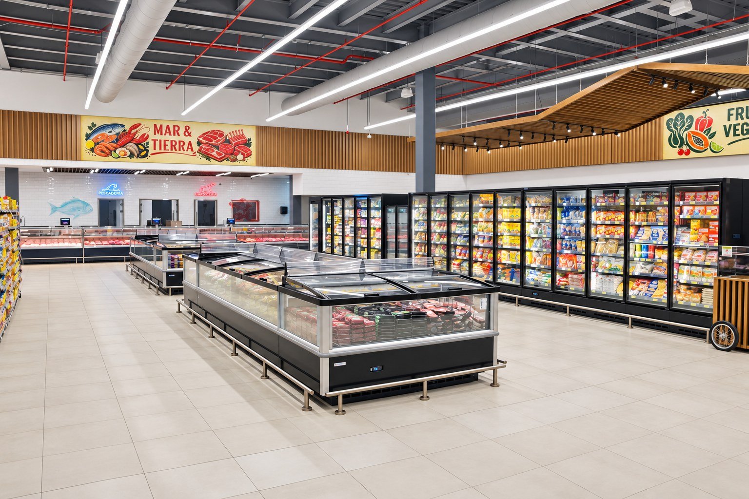 Vista amplia de la tienda y sus áreas refrigeradas